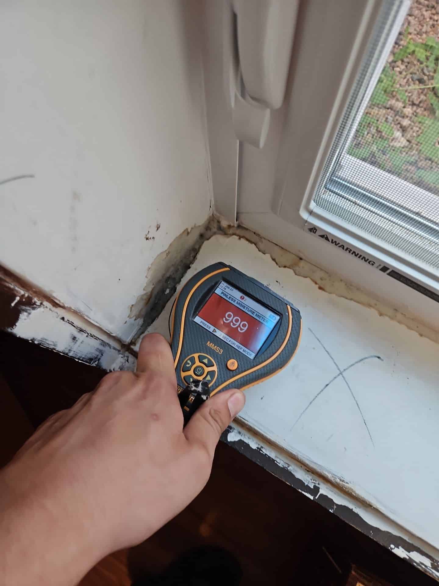 Moisture meter detecting high levels near a window