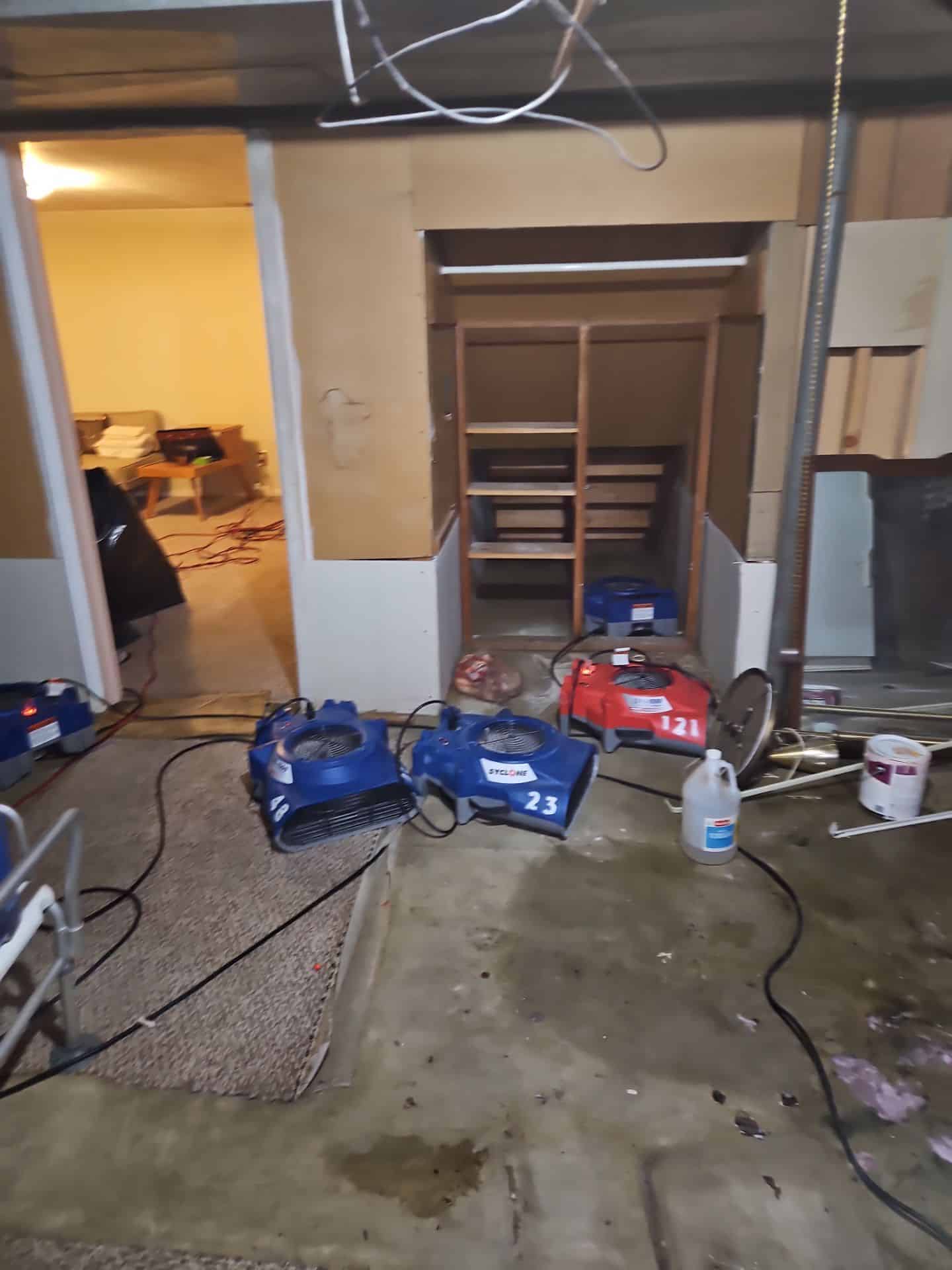 Water-Damaged Basement with Industrial Fans
