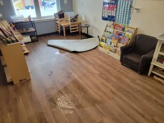room with water damage on the wooden floor. A rug is partially rolled up in the center of the room
