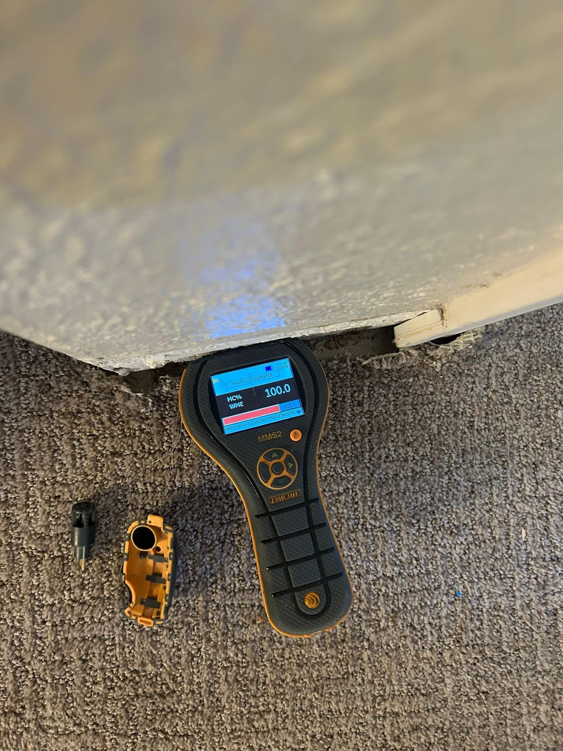 Moisture meter showing 100%