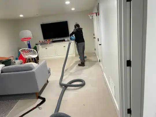 A person is cleaning a carpet in a living room