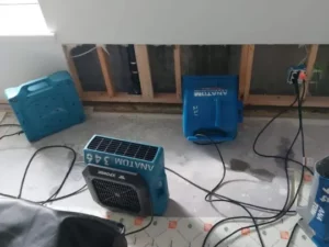 Three blue air movers are positioned in a room with a white wall and exposed wooden beams
