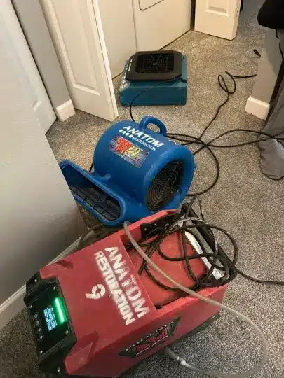 Drying equipment setup on carpeted hallway.