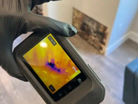 A restoration technician wearing black gloves holds a thermal imaging device showing a heat map of a wall, with visible signs of moisture or water damage in the background.