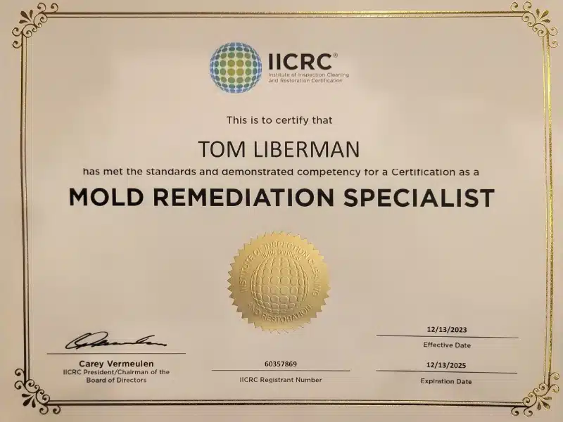 A certification document issued by the IICRC, confirming an individual's qualification as a Mold Remediation Specialist.