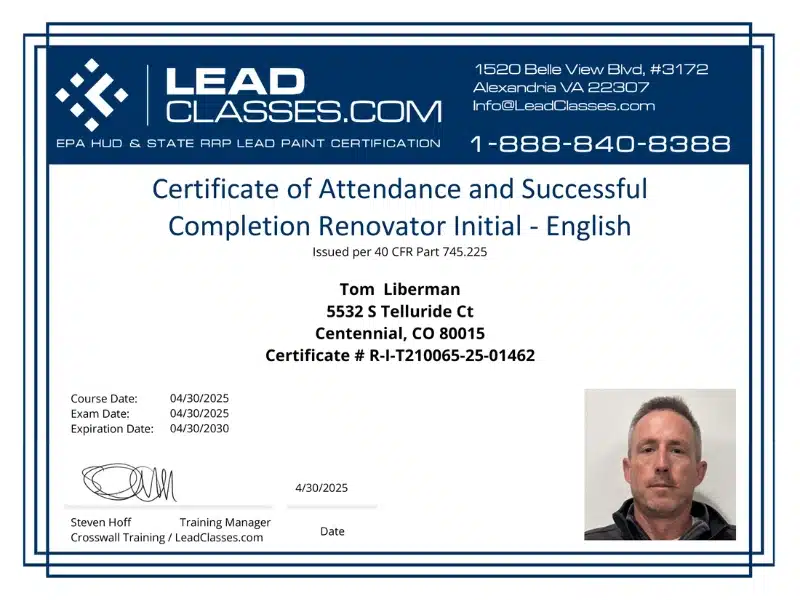 A certificate of attendance showing a male trainee who completed the Renovator Initial course, issued by LeadClasses.com.
