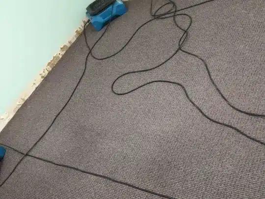 Industrial air movers drying wet carpet along a wall with removed baseboards