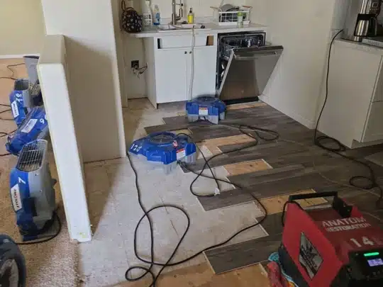 Several air movers and dehumidifiers set up on partially removed flooring in a kitchen area, with cords running across the space and drying equipment in use
