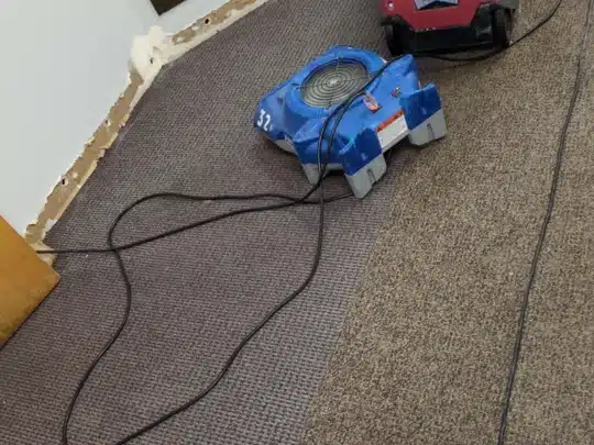 Two industrial air movers running on wet carpet with baseboards removed from the wall