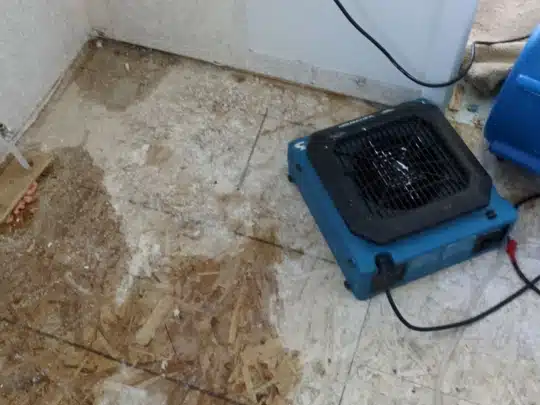 A drying fan placed on a partially water-damaged plywood floor inside a home