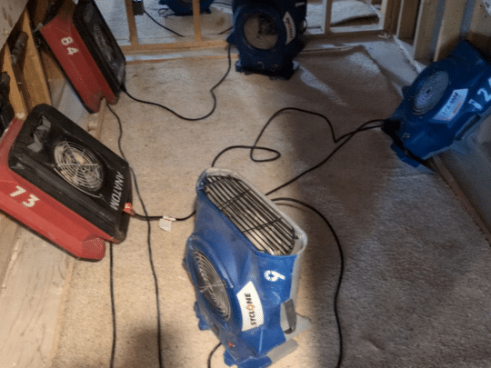 Multiple drying fans placed in a room with exposed framing and carpet