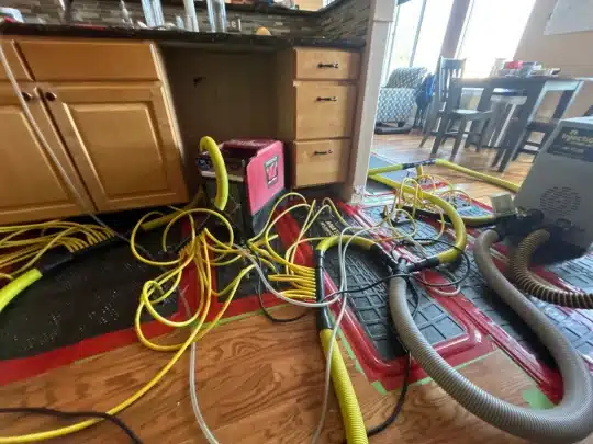 Water damage drying equipment with numerous yellow hoses and machines set up in a kitchen