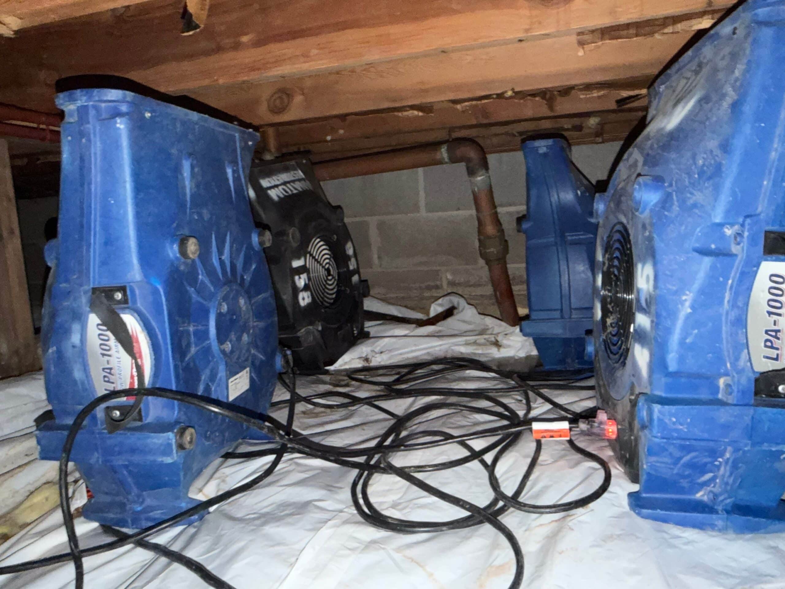 Crawl space water damage drying equipment with air movers and dehumidification setup