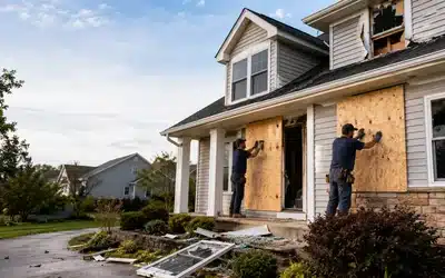 Technicians boarding up a damaged home in Denver, Colorado after broken windows and property damage